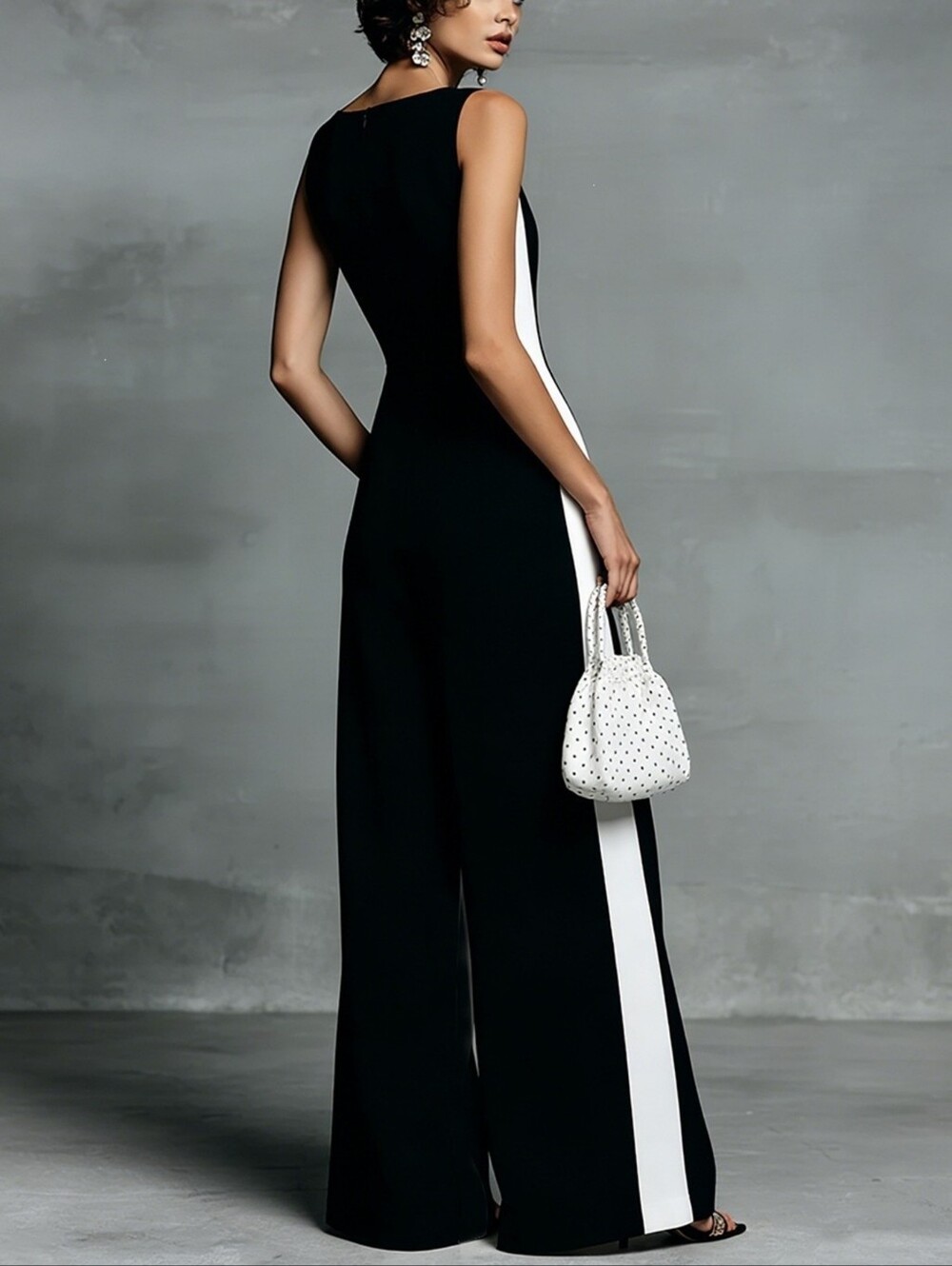 Women's Ivory V-Neck Wide-Leg Jumpsuit with Black Side Panels - Picture 9 of 9